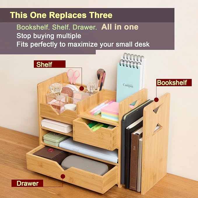 Pandorama Bamboo Desk Organizer Medium - Drawers & Adjustable File Holder, Fully Assembled Wood Desktop Storage for Kitchen, Bedroom, Bathroom, Study Room - Image 2