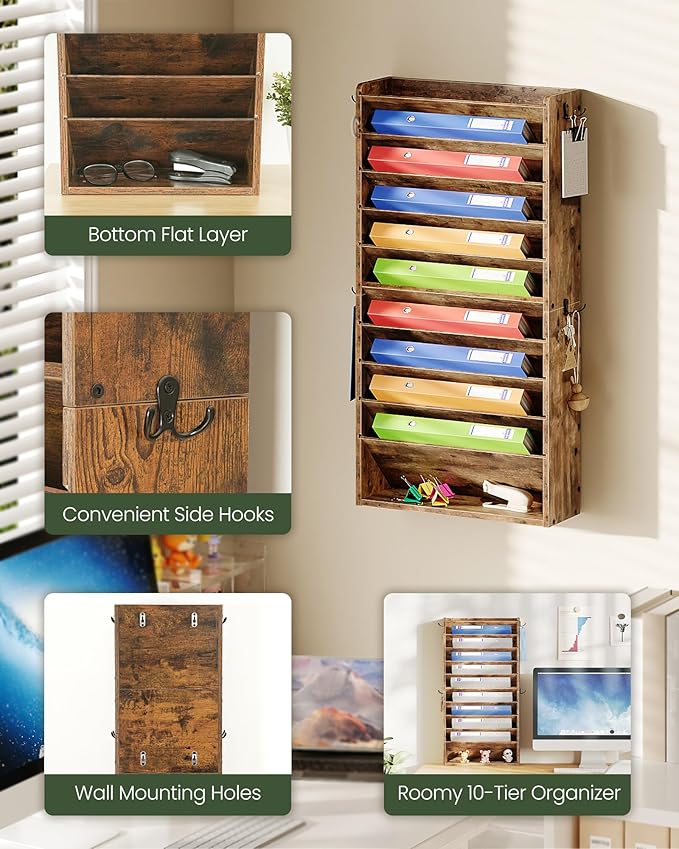 Wall File Organizer, 10-Tier Hanging Mail Organizer, Wall Mount File Holder with 4 Side Hooks, Mail and Storage Organizer, Wooden Vertical Hanging Holder for Office, Rustic Brown MWJ03FG - Image 3