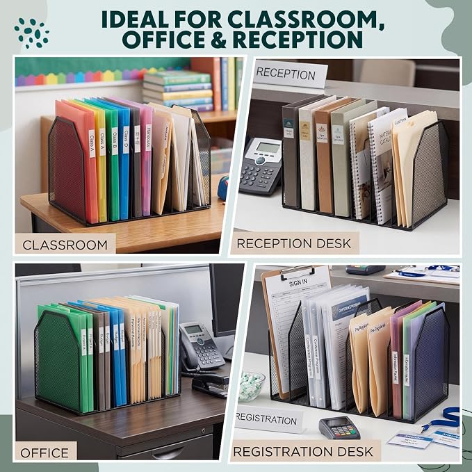 Sliner 2 Pcs Metal Clipboard Holder, 7 Slot Vertical File Organizer,Black | Classroom Clipboard Holder, Mesh Desk File Storage Rack, Desktop Wire Document Sorter for School Teacher Home Office Supplies - Image 3