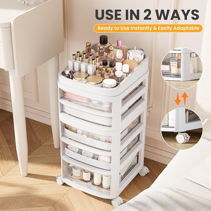 Rolling Cart with 5 Drawers, Clear Plastic Drawer Organizers, Vanity Cart | Dust Proof Under Desk Storage with Dividers for Makeup, Skincare, Art Crafts and Baby Items, Acrylic Cosmetic Organizer - Image 5