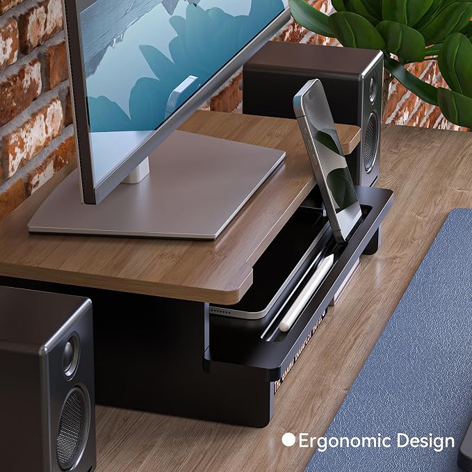 16.5” Bamboo Monitor Stand with Phone & Tablet Holder Desk Shelf | Monitor Riser for 36-48 Inch Desk Cozy Computer Setup Workplace Organizer Keyboard Storage Compact Ergonomic Black - Image 3
