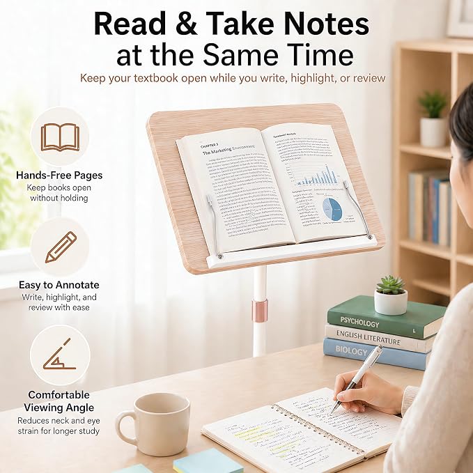 Rolling Floor Book Stand with Wheels, Reading Stand Book Holder | 16.5 x 11.8 in large panel | 19–57 in height adjustable| 360° angle | Lockable wheels | For books, sheet music, laptop - Image 2