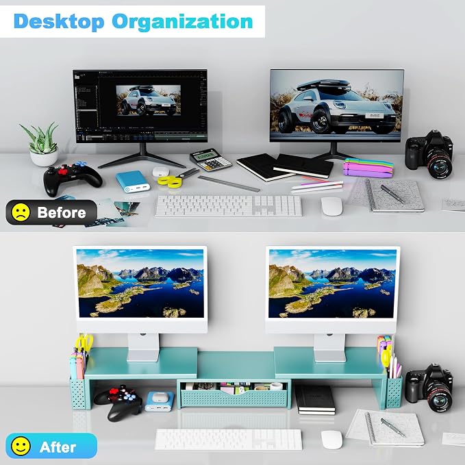 Spacrea Metal Desk Organizers and Accessories, Dual Monitor Stand Riser with Drawer and 2 Pen Holders, Desk Accessories & Workspace Desktop Organizers for Office Supplies (Blue) - Image 3