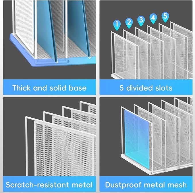 File Organizer for Desk, 5-Section Vertical File Sorter, Paper Holder Organizer Standing Metal File Folder for Office Home Classroom, White - Image 5