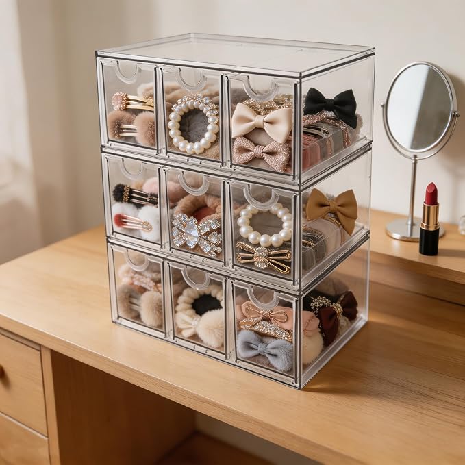 Prsildan Craft Art Supply Organizer Stackable Storage Drawer with 9 Drawers | Clear Acrylic, Tea Bag K Cup Organizer, for Kitchen Office Desk Vanity Makeup Organizer, 3 Pack - Image 7