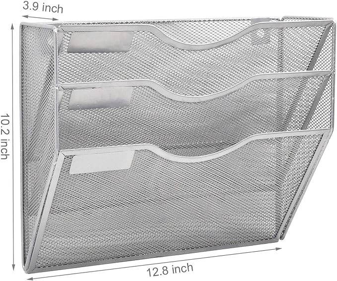 3 Pocket Mesh Hanging Wall File Organizer, Wall Mounted Mail Paper Document Folder Holder, Clipboard Storage Organization Magazine Rack with Nametag Label for Office Home School, Silver - Image 2