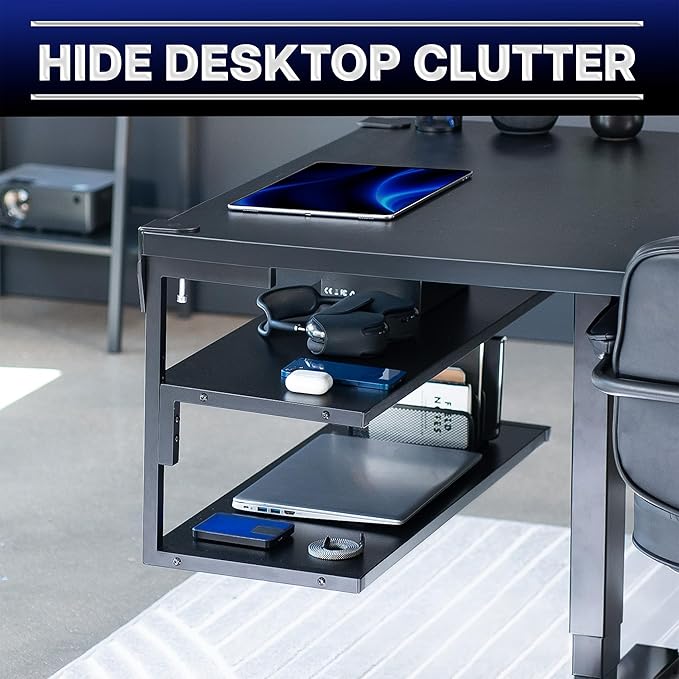 VIVO Black Clamp-on 30 inch 2-Tier Desk Shelf, STAND-SHELF30C | Above or Below Desk, 2 Level Shelving Unit for Table Accessories, Gaming Devices, and More, Storage Tray, Desktop Organizer - Image 7