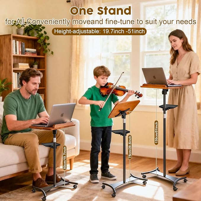 2 in 1 Dual-use Music Stand & Desktop Book Stand, Adjustable Height 16.5"-51", 100% Solid Wood Laptop Floor Stand Book Holder with Elastic Page Clips for Cookbooks (Brown with Tray and Wheels) - Image 3