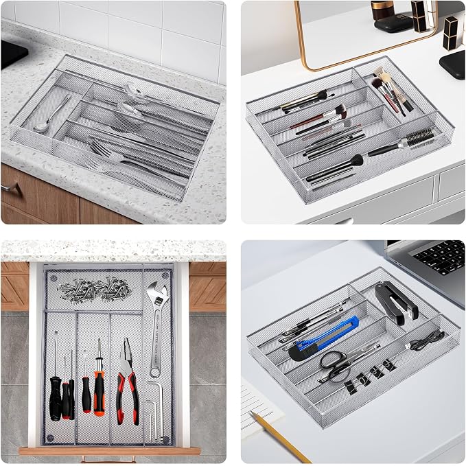 Neudeco Silverware Drawer Organizer, Silver, 5 Compartment | Mesh Wire, Non-Slip Feet, Cutlery Tray, Flatware Storage Divider - Image 6
