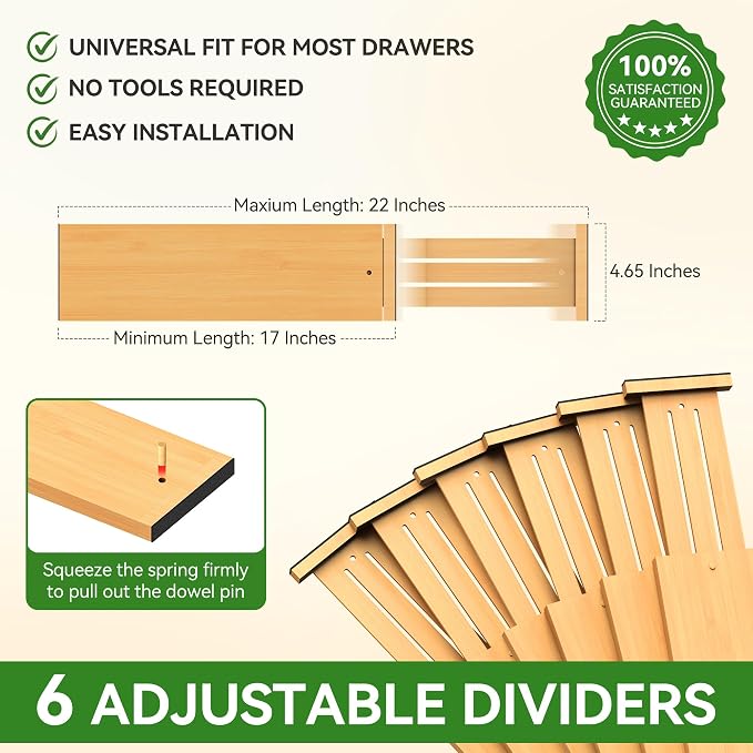 FJO 6 Pack Bamboo Drawer Dividers 4.65" High Adjustable from 17'' to 22'' | Strong Spring Loaded, Expandable Utensil Organizer, Works in Kitchen, Dresser, Closet, Bathroom, Bedroom,Office (Beige) - Image 4