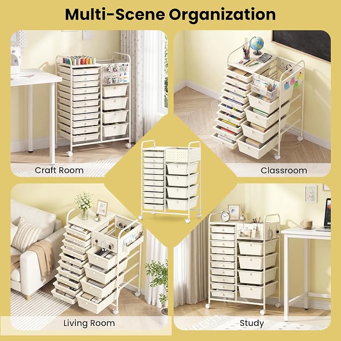 GOFLAME 14-Drawer Rolling Storage Cart with Pegboard, Craft Storage Cart with Lockable Wheels and Metal Frame, Multifunctional Art Cart Supply Storage Organizer for Home Office Classroom, White - Image 9