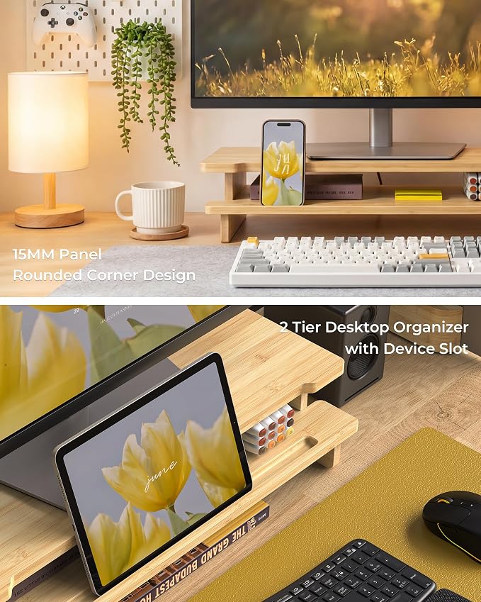23” Bamboo Monitor Stand with Phone & Tablet Holder Desk Shelf | Monitor Riser for 40-55 Inch Desk Cozy Computer Setup Workplace Organizer Keyboard Storage Compact Ergonomic - Image 3
