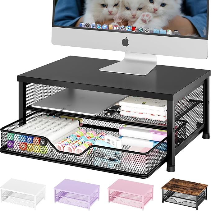 Computer Monitor Stand Riser, Desk Organizer with Drawer, Printer & Laptop Stand, Office Desk Accessories & Workspace Desktop Organizers Storage for Office Supplies(Black) by OPNICE