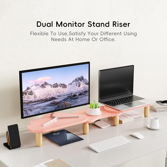 AFOOYO Dual Monitor Stand Riser, Adjustable Rainbow Cloud Desktop Organizer for 2 Monitors, Flexible Length & Angle Computer Stand for Laptop, PC, Printer, Home Office Use - Pink - Image 2