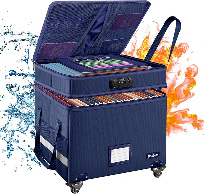DocSafe File Box with Lock, 2-Layer Fireproof Document Box with Wheels,Collapsible File Storage Organizer with Pockets,Large Portable Office Filing Cabinet Hanging Folders,Blue,16''x13.8''x12.2'' by DocSafe