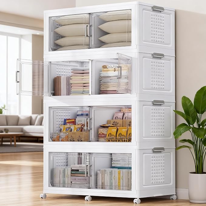 BROVIEW 800 Qt Stackable Storage Bins Foldable Cabinet, V40 White 4-Pack | Extra Large Collapsible Storage Bins with Lid Doors Wheels Dividers, Closet Organizers and Storage Drawer for Home Office by BROVIEW-EnjoytheArtofLife