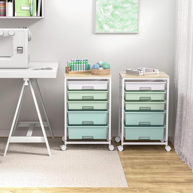 SYKIARIOL Rolling Cart with Drawers,5 Drawers Storage Cart,Light Green | 5-Tiers Utility Cart with Drawers with Lockable Wheels for Craft Organizers and Storage,Home Office,Classroom,Dorm,Playroom - Image 7