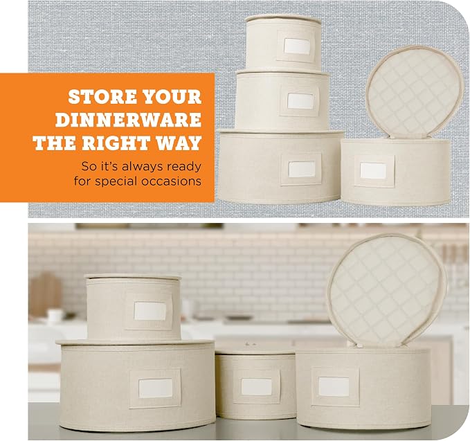 4-Piece China Plate Storage Set | Hard Shell Dividers | Cream | 4 Hard Shell Plate Cases - Dinner, Salad, Dessert & Saucer, 12 Plates Each. Felt Dividers, Stackable. Cream Finish. - Image 2
