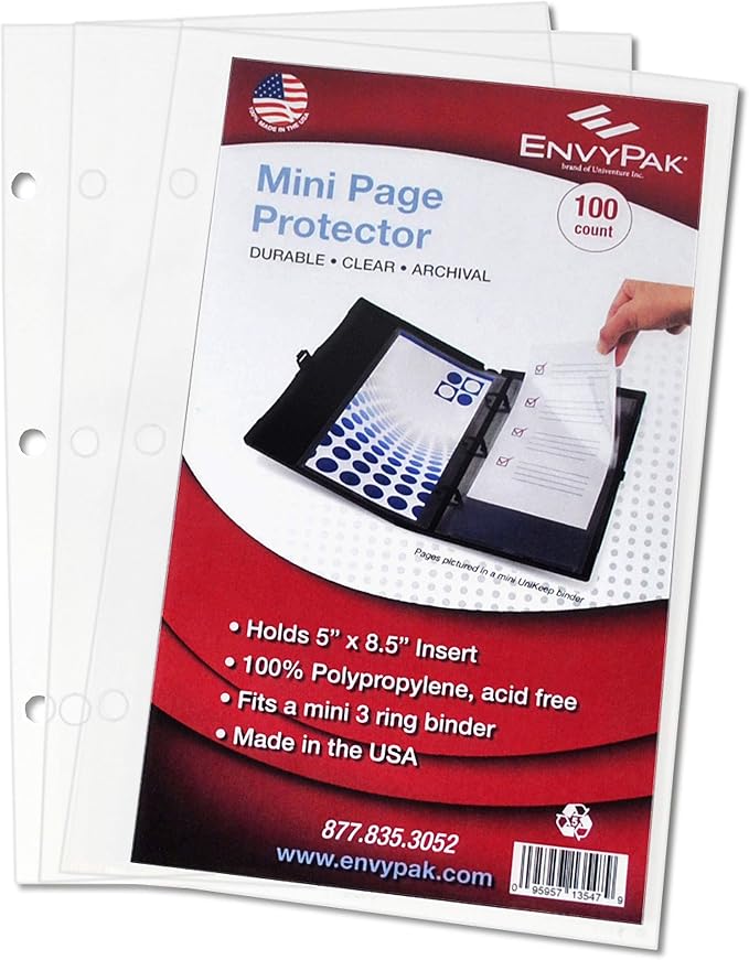 EnvyPak Mini Binder Page Protector - Holds 5 x 8.5 Inch Sheets - 3 Hole Punched - Pack of 100 Protectors by EnvyPak