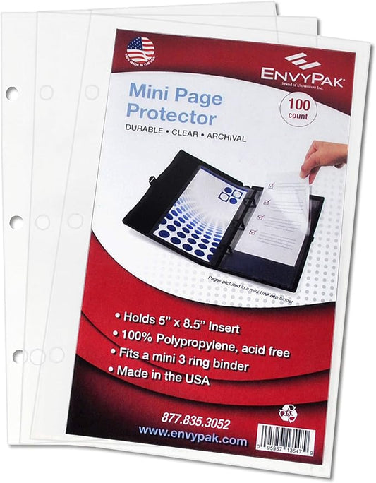 EnvyPak Mini Binder Page Protector - Holds 5 x 8.5 Inch Sheets - 3 Hole Punched - Pack of 100 Protectors by EnvyPak