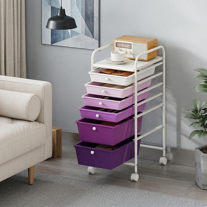 COSTWAY 6-Drawer Rolling Storage Cart, Art Craft Tools Organizer on Wheels | Multifunctional Heavy Duty Utility Mobile Storage Trolley w/ 2 Lockable Wheels for Home Office School (Purple Gradient) - Image 8