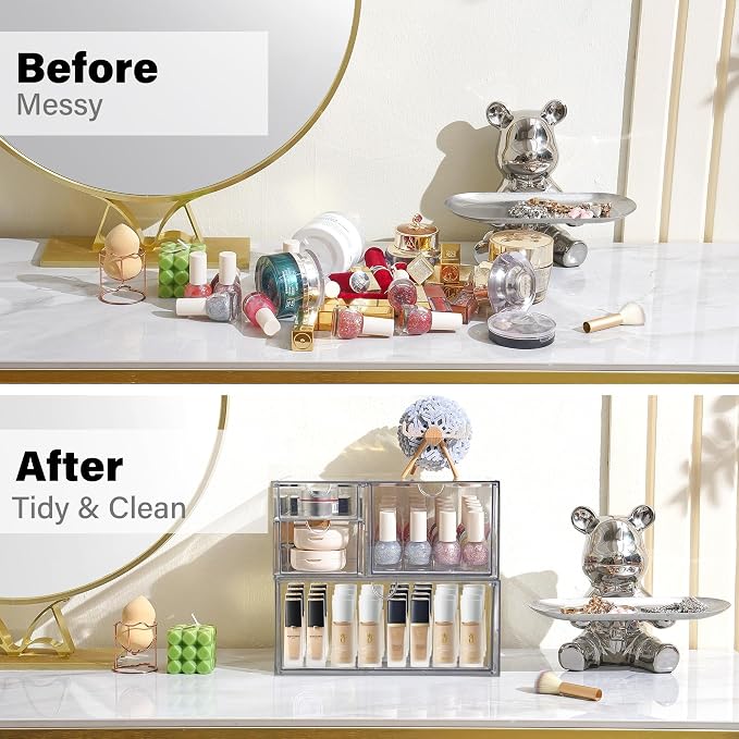Prsildan Acrylic Drawer Makeup Organizer with 4 Drawers, Set of 2 | Clear, Baby Bottle Storage, For Vanity Countertop Bathroom Cosmetic Office Desk, Craft Jewelry Art Supply Organization - Image 4