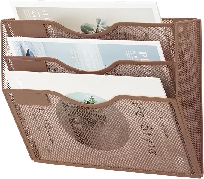 3 Pocket Mesh Hanging Wall File Organizer, Wall Mounted Mail Paper Document Folder Holder, Clipboard Storage Organization Magazine Rack with Nametag Label for Office Home School, Brown - Image 7