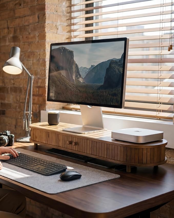 42 Inch Curved Dual Monitor Stand Riser with Storage Desk Shelf | Double Computer Stand with Sliding Doors for 55-72 Inch Cozy Workplace Computer Setup Desk Organizer Toasted Bamboo Color - Image 2