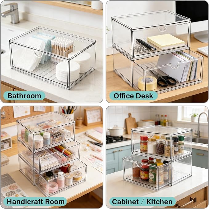 Prsildan Acrylic Makeup Organizer, 3 Pack Stackable Clear Storage Drawers for Baby Bottles Desk Organizers with 3 Drawers for Countertop Vanity Nursery Modular System for Cosmetics Jewelry - Image 4