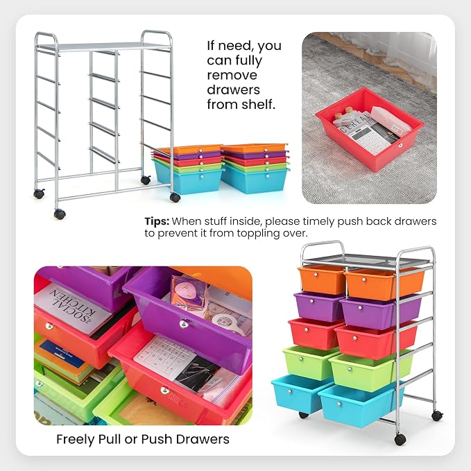 Giantex 10 Drawers Rolling Cart, Classroom Organizers, Storage Cart with Wheels, for Teacher Office Home School Supplies Tool Craft Art Paper, Rainbow Color - Image 5