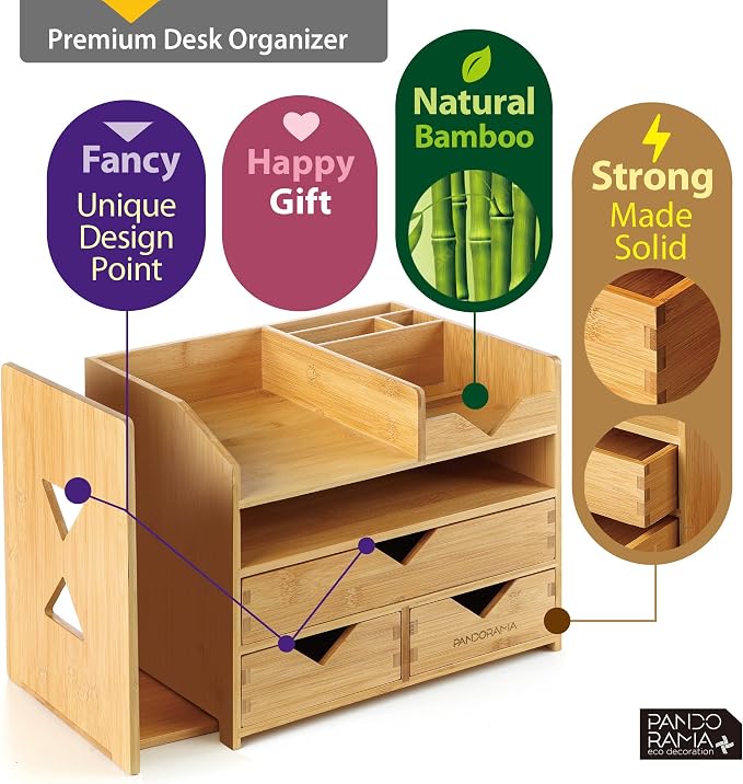 Pandorama Bamboo Desk Organizer Large - A4 Drawers & Adjustable File Holder, Fully Assembled Wood Desktop Storage for Kitchen, Bedroom, Bathroom, Study Room - Image 4