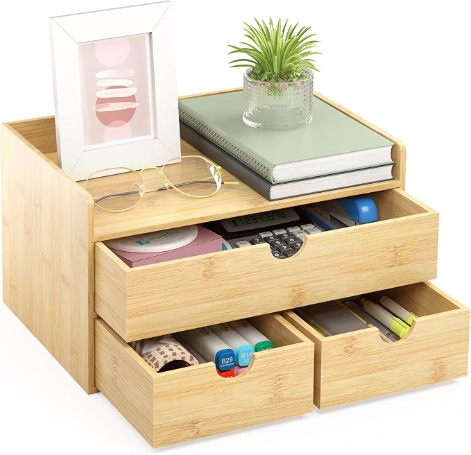 Bamboo Desk Organizer with Drawers, Desktop Storage Box for Office Supplies | 3 Drawers Desktop organizer, No Assembly Required, Natural Wood Wooden Desktop Drawers for Bills, Cosmetics, Seals, Paper - Image 9