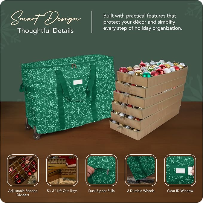Covermates Keepsakes Rolling Adjustable Ornament Storage Bag – Heavy-Duty Polyester, FlexGrid Trays & Padded Dividers – Protective Holiday Organizer with Wheels, Handles & ID Window, Green Snowflake - Image 4