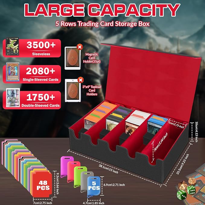 AOBOPLE 3500+ Trading Card Storage Box,Vertical 5-Row and Magnetic Card Box | PU leather Card Storage,48 Dividers + 10 Card Supports, Card Organizer For MTG TCG Commander,Gift For Collectors - Image 2