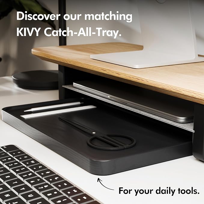 KIVY Dual Monitor Riser With Integrated Metal Shelf [MADE BY HAND] - Wooden Desk Shelf for 2 Monitors - Wide Long Stand for Desk (44 x10x3in - Black) - Image 8