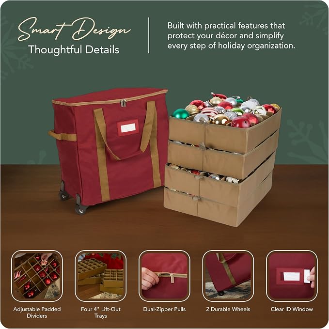 Covermates Keepsakes Rolling Adjustable Ornament Storage Bag – Heavy-Duty Polyester, FlexGrid Trays & Padded Dividers – Protective Holiday Organizer with Wheels, Handles & ID Window, Red - Image 4