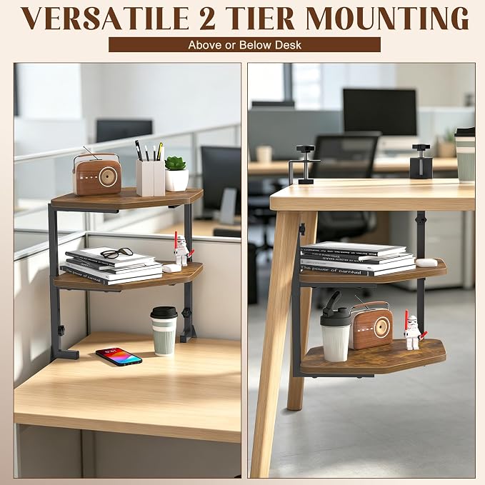 Corner Desk Shelf, Clamp on Desk Shelf Above or Below Desk 16" 2 Tier | Corner Clamp-on Shelving for Desk Corners for Small Spaces, Gaming Devices and Office Organizer, Space-saving L-shelf - Image 4