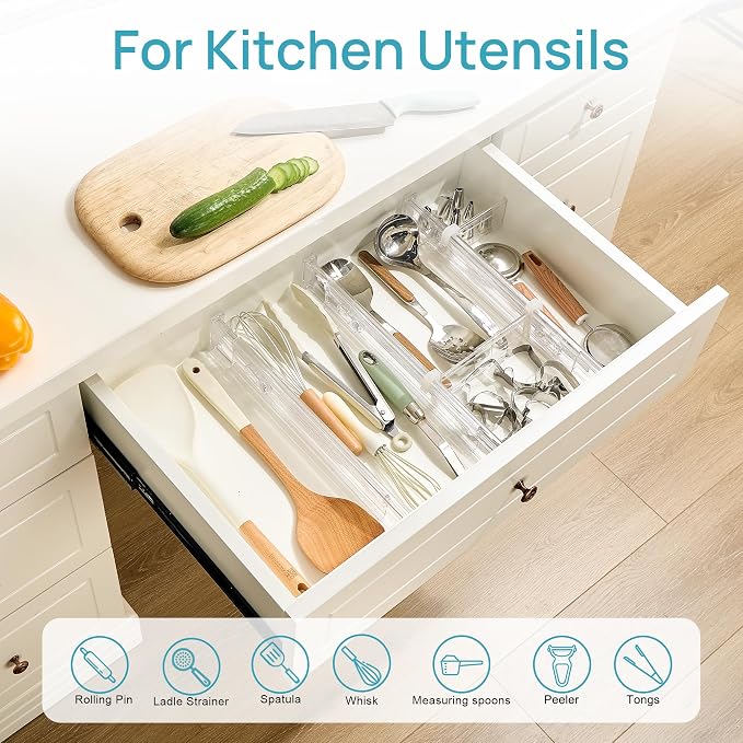 Vtopmart 2.36" Drawer Dividers with Expandable Inserts, 12.8"-22.3", 6 Pack | Adjustable Kitchen Drawer Organizer, Clear Organizer Separator for Flatware, Utensil, Cutlery, 6 Dividers with 10 Inserts - Image 4