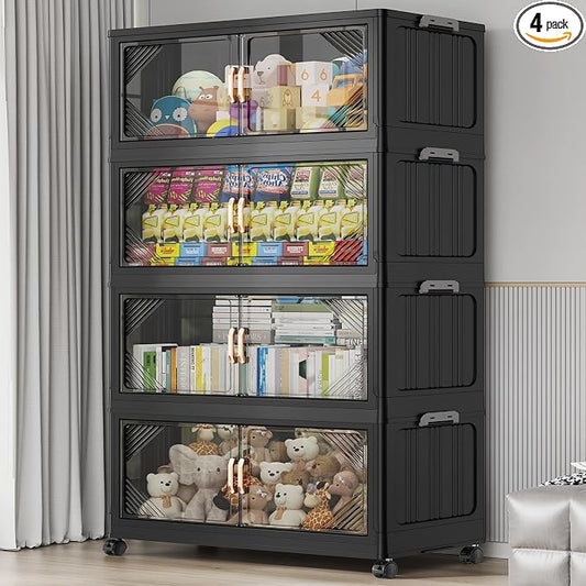 BROVIEW V60 560QT Plastic Stackable Storage Bins with Lid, 4Pack Black | 140Gal Extra Large Closet Organizers Collapsible Cabinets Boxes With Drawer, Foldable Container with 4x Wheels for Home by BROVIEW-EnjoytheArtofLife