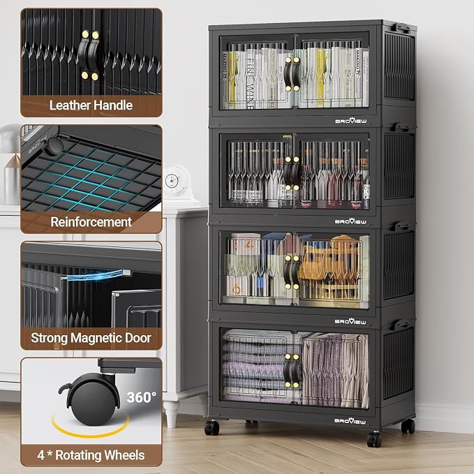 BROVIEW 240Qt Stackable Storage Bins with Lid, Extra Large Closet Organizer Collapsible Drawer Boxes with Wheels, Folding Plastic Cabinet Containers for Home Kitchen Room Organization, 4Pack Black - Image 3