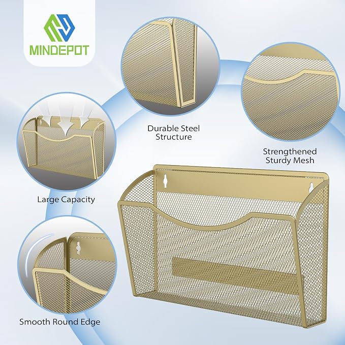 MINDEPOT Magnetic Wall File Organizer, Hanging File Holder, 3 Pack, Gold | Heavy Duty Iron, Powerful Magnet, Metal Mesh Wall Mount, Single Pocket, for Office School Classroom Home, Letter A4 Size - Image 3