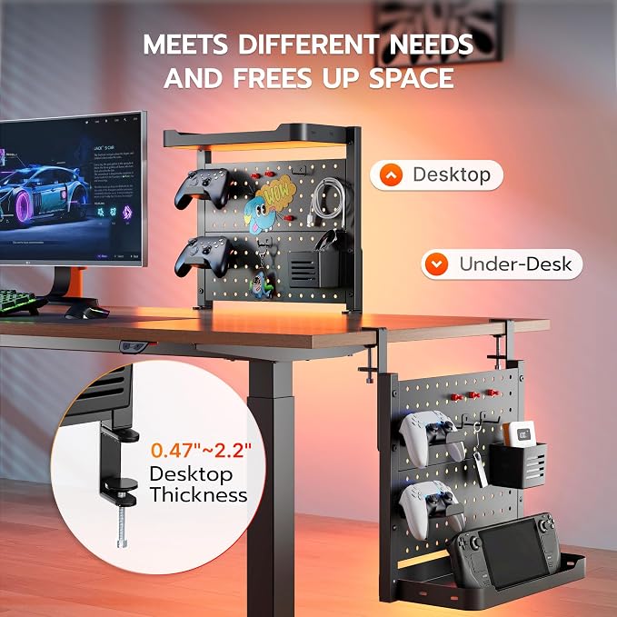 ARES WING Desk Clamp On Pegboard with 16 inches Organizer Shelf, Black | Adjustable Above or Under Desk Storage Shelf Holds 44 lbs, Magnetic Metal Peg Board for Office and Gaming Accessories - Image 4