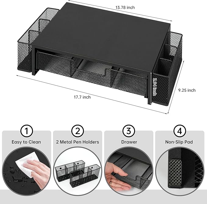 Qupui Computer Monitor Stand Riser with Drawer and Pen Holders, Desk Organizer Shelf and Accessories, Office Desk Accessories, Office Organization, Black - Image 2