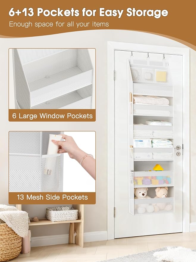 Over the Door Organizer, Heavy-Duty 6-Shelf Hanging Storage with 13 Mesh Pockets, 55lbs Capacity Behind the Door Storage for Nursery, Bathroom, Bedroom, and Dorm, White - Image 5
