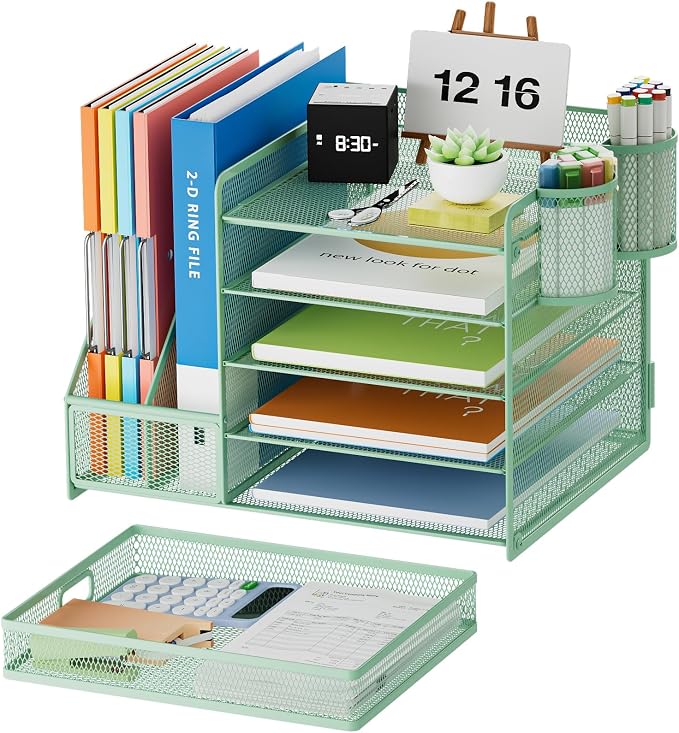 Marbrasse Desk Organizer with File Holder, 5-Tier Paper Letter Tray Organizer with Drawer and 2 Pen Holder, Mesh Desktop Organizer and Storage with Magazine Holder for Office Supplies (Green) - Image 2