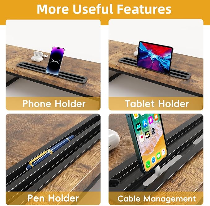 39 Inch Dual Monitor Stand Riser with 2 Drawers - Large Brown Wooden Computer Stand for 2 Monitors, Ergonomic Desk Organizer with Phone Holder, Desktop Storage for Laptop, Office Supplies, Home Office - Image 5
