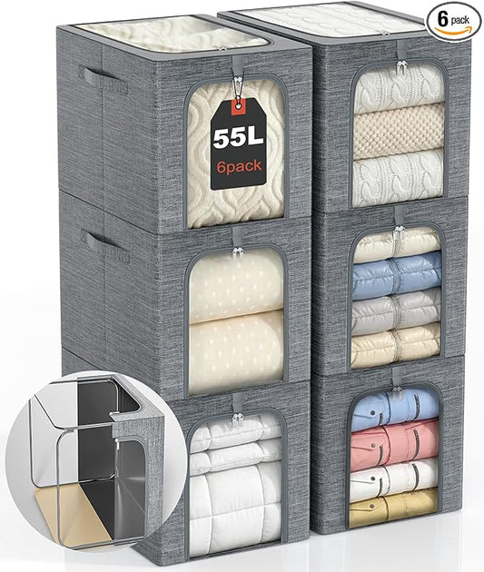 GoMaihe Blanket Storage Bins with Metal Frame for Closet, 55L 6-Pack Grey | Clothing Bedding Winter Coat Comforters , Closet Top Shelf, Collapse-Proof Stackable, See Through, Dual Access Space Saving by GoMaihe