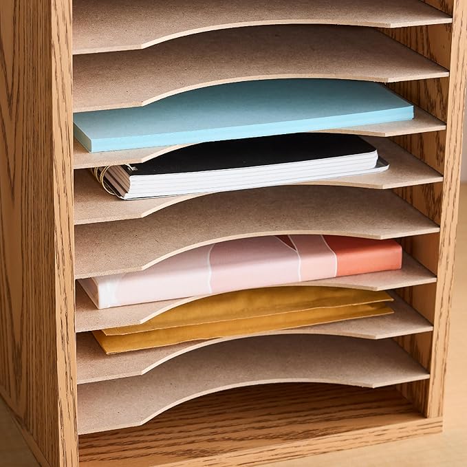 Safco Vertical Desktop Sorter, Wooden Paper Organizer for Home Office and Classroom, 11 Adjustable, Letter-Size Compartments, Medium Oak - Image 2