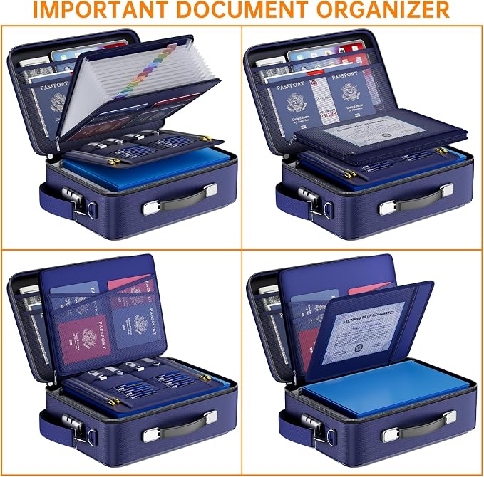 DocSafe Fireproof Document Box with Lock＆Shoulder Strap,Hard Case File Organizer with Accordion File Folder,Multi-Layer Portable Home Office Travel Safe Storage for Important Documents Laptop Blue - Image 8