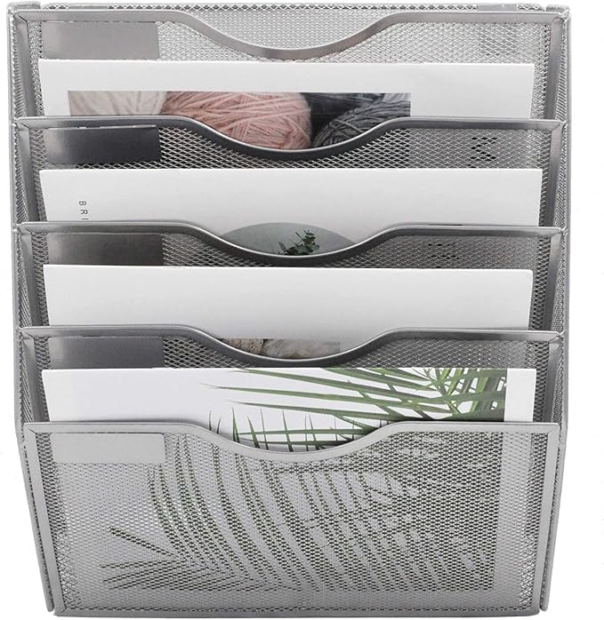 5 Pocket Mesh Hanging Wall File Organizer, Wall Mounted Mail Paper Document Folder Holder, Clipboard Storage Organization Magazine Rack with Nametag Label for Office Home School, Silver - Image 3